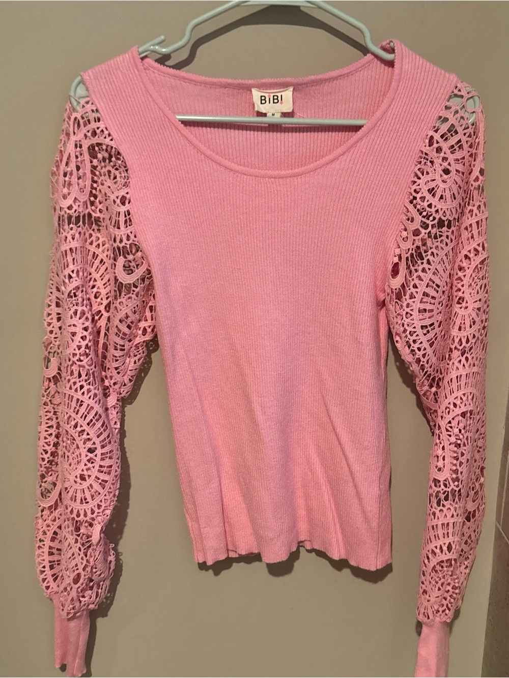 BiBi Pink Ribbed Top with Lace Crochet Long Sleeves